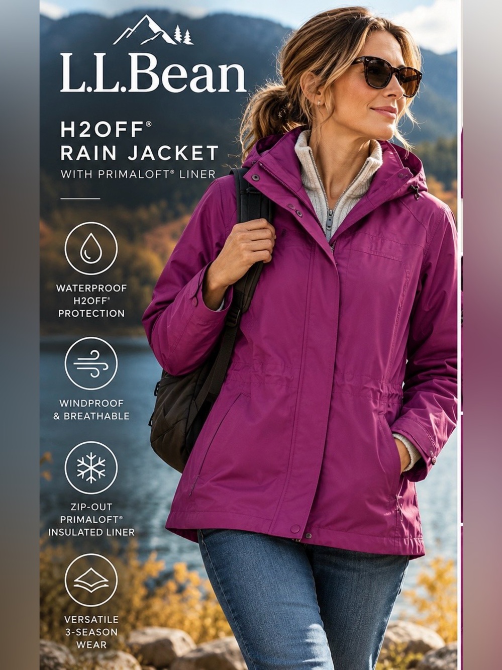 L.L.Bean H2OFF PrimaLoft Waterproof Rain Jacket Zip Out Liner Purple Size XL